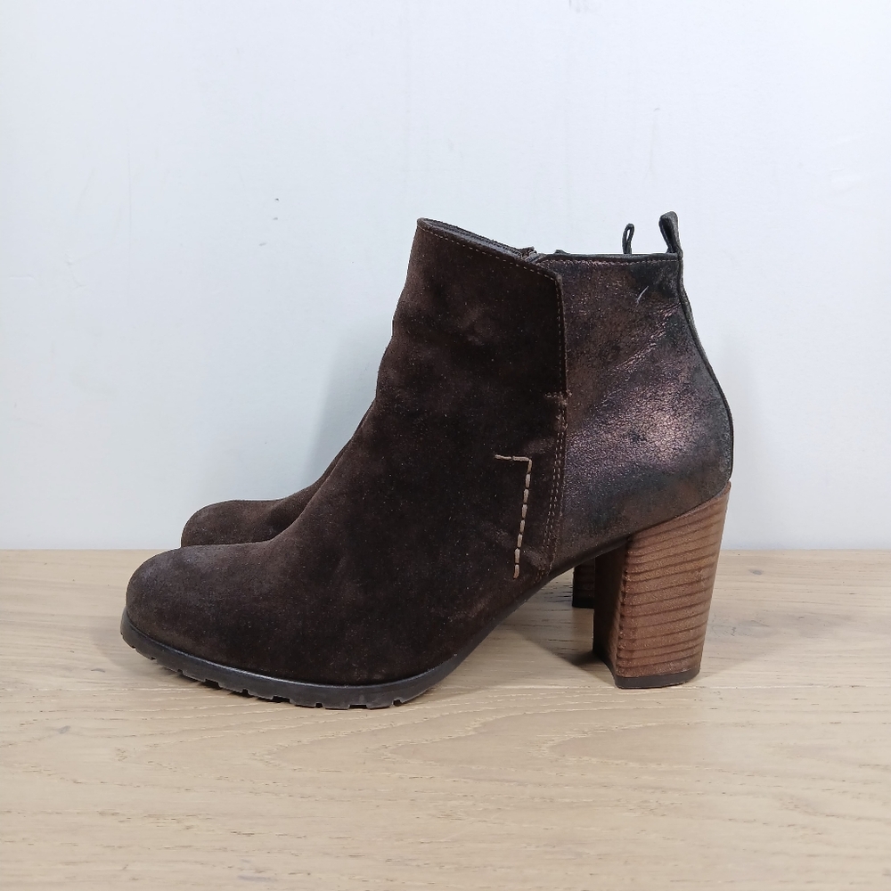 Paul Green Ankle Boots Women's‎ Chocolate Brown Suede Leather Block Heel 1522